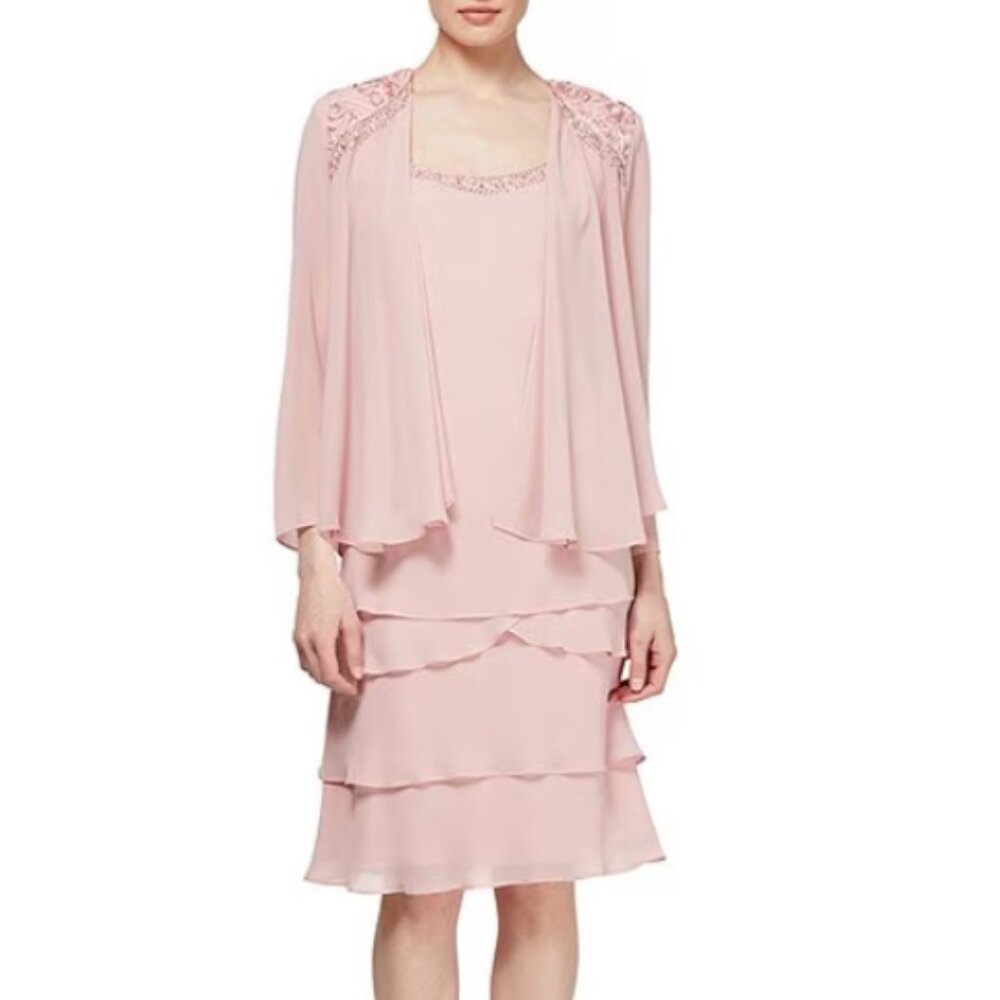 SLNY Tiered Chiffon Cocktail Dress with Jacket (Faded Rose, 14W)